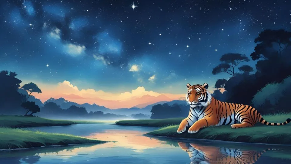 A tigris álma a bátorságot és az erőt szimbolizálja, a víz és a csillagok pedig a nyugalmat és a harmóniát jelképezik.