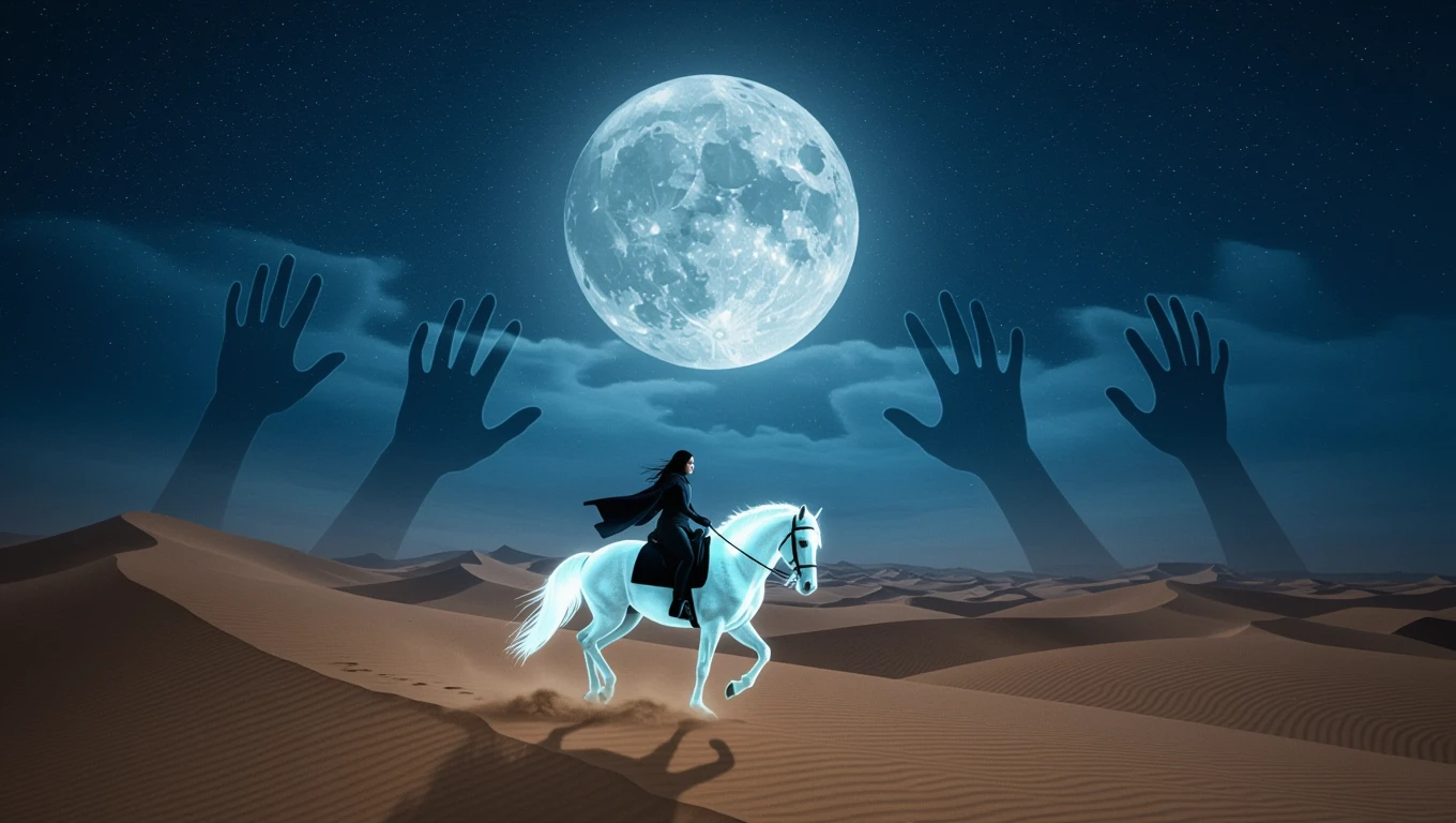 Mit jelent menekülésről álmodni? Egy nő fehér lovon menekül a sivatagban, hatalmas hold világítja meg az éjszakát.