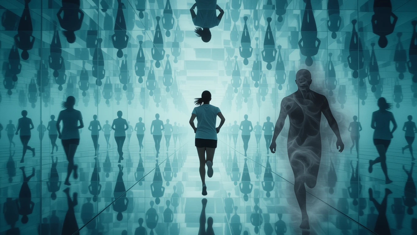 Mit jelent menekülésről álmodni? Egy nő fut egy tükörlabirintusban, mögötte egy homályos alak.