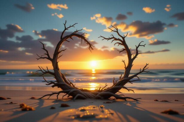 Az újjáéledés szimbóluma, a napfelkeltével egyesülő faágak a tengerparton.