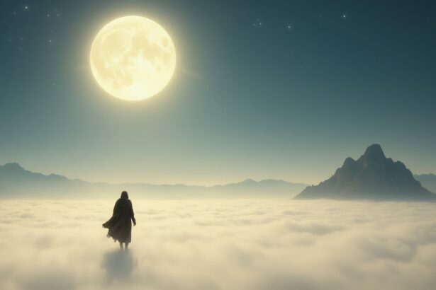 A vándor a felhők felett járva az álmait keresi, a telihold fénye alatt.