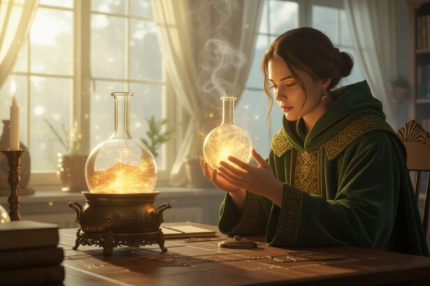 Egy fiatal nő álomfejtés közben varázslatos üvegek felett meditál, a fények és a titkok világába merülve.