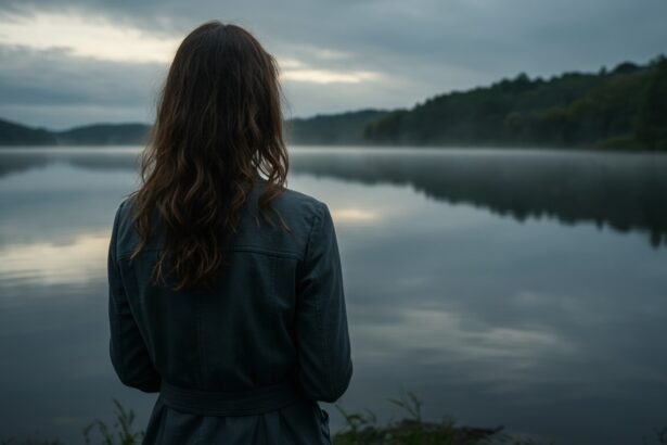A vízparton álló nő hátulról, a csendes táj a belső vívódásokat tükrözi.