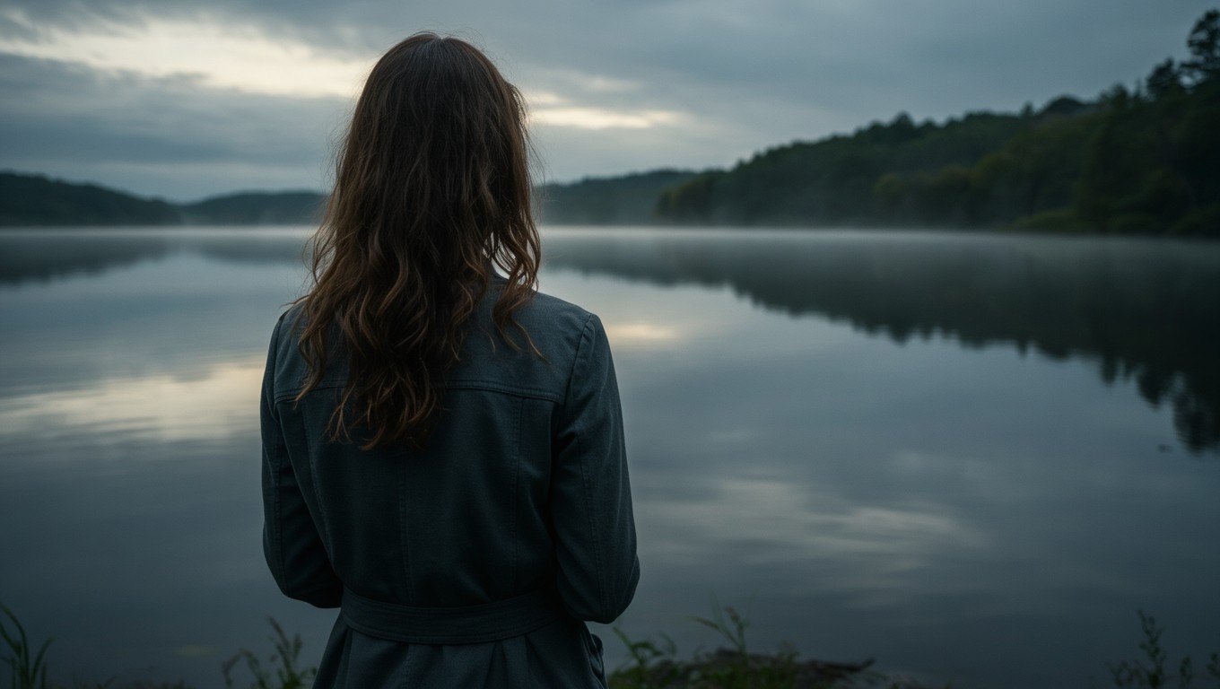 A vízparton álló nő hátulról, a csendes táj a belső vívódásokat tükrözi.
