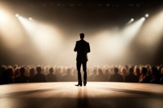 Az előadó színpadon áll, a közönség figyelmesen hallgatja. Az álomfejtés szerint a nyilvános beszéd a bátorság és az önkifejezés szimbóluma.