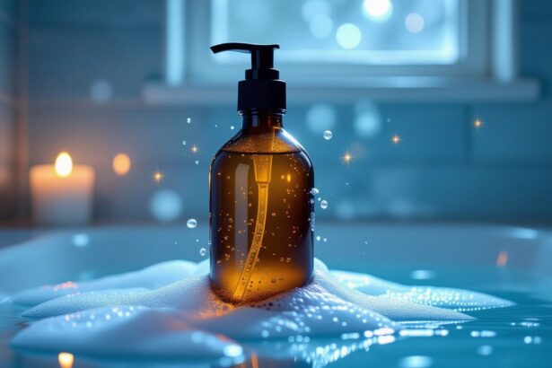 A fürdőszobában lévő sampon flakonja a habos vízben, ami a tisztulás és megújulás szimbóluma.