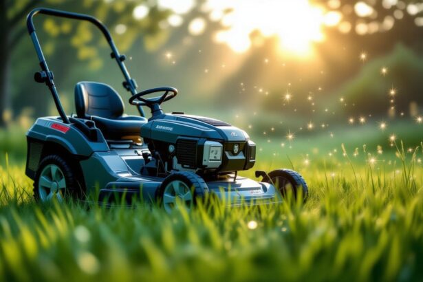 Az álomfűnyíró a zöld fűben a napfényben a rend és a harmónia szimbóluma, amely a mindennapi életben keresett egyensúlyt jelképezi.