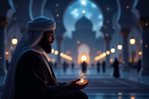 Az iszlám vallási vezető meditál, kezében fénylő energiát tartva, ami az álomfejtés szimbolikáját idézi.