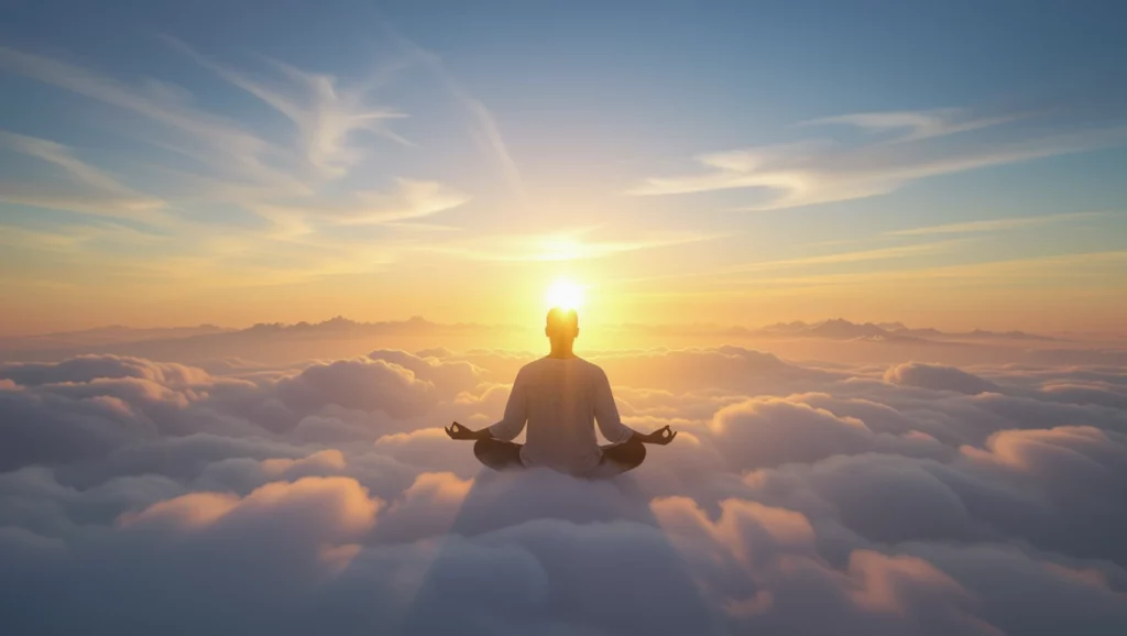 Az álmok spirituális jelentése - Teljes útmutató A meditáló figura a felhők felett a napfelkeltében az álmok és a belső béke szimbóluma.