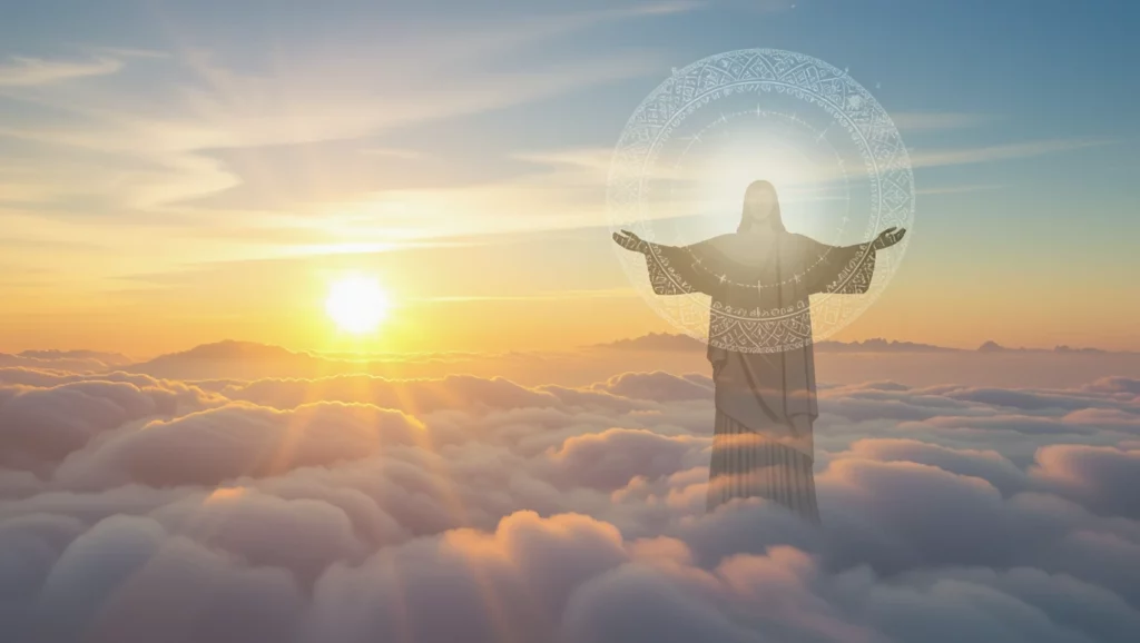 Az álmok spirituális jelentése - Teljes útmutató A felhők felett álló alak a napfelkeltében, a spiritualitás és a megújulás szimbóluma.