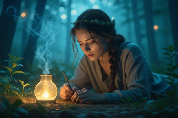 Egy fiatal nő álmodozik egy gyertya fényénél, miközben a természetben ül. Az álomfejtés szimbolikája és a nyugalom érzése jelenik meg.