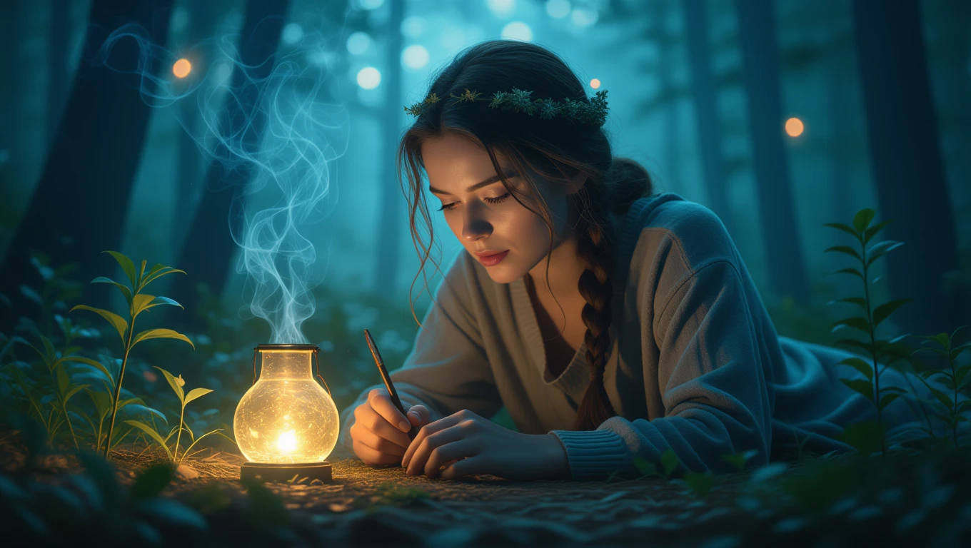 Egy fiatal nő álmodozik egy gyertya fényénél, miközben a természetben ül. Az álomfejtés szimbolikája és a nyugalom érzése jelenik meg.