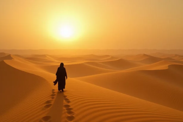 A homokvihar szimbolizálhatja a belső zűrzavart és a változást az életben, miközben a naplemente nyugtató hatása reményt sugall.
