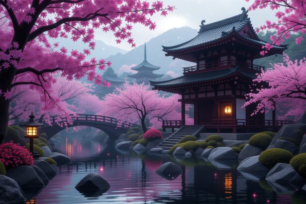 A japán álomkertben virágzó cseresznyefák és egy híd varázslatos látványa, amely a békét és harmóniát szimbolizálja.