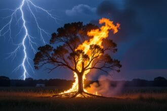 A villámcsapás és a lángoló fa szimbolizálja a hirtelen változásokat és a belső feszültségeket, amelyek az álmainkban is megjelenhetnek.