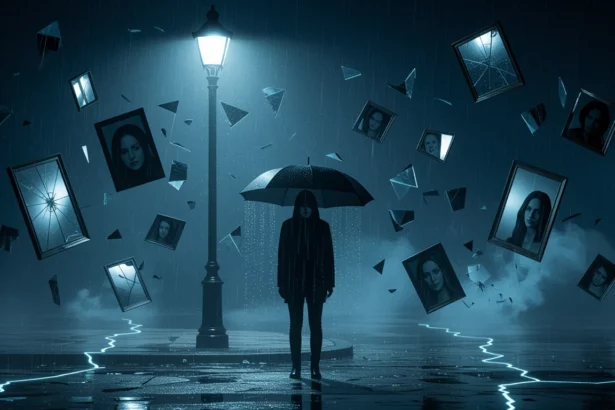 Egy esernyőt tartó alak áll a sötétben, körülötte törött tükrök és képek lebegnek.