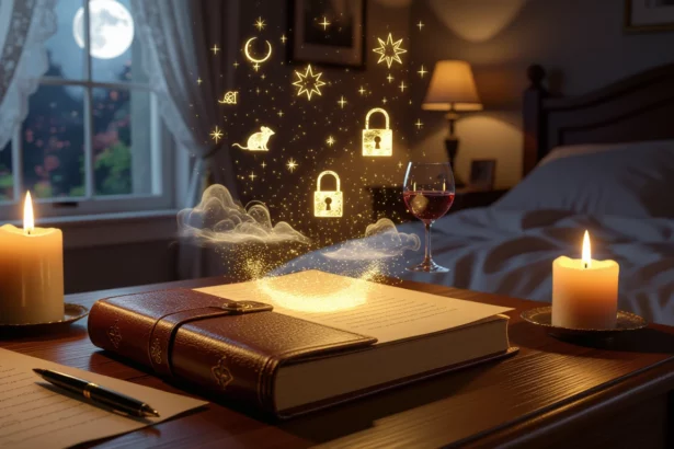 Egy álomnapló, gyertyák és varázslatos szimbólumok a szobában.