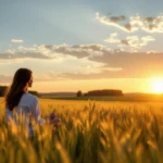 Egy nő meditál a naplementében, búzamező közepén ülve, csendes környezetben.