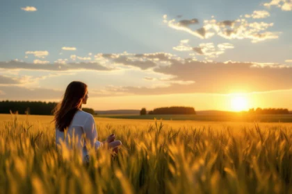 Egy nő meditál a naplementében, búzamező közepén ülve, csendes környezetben.