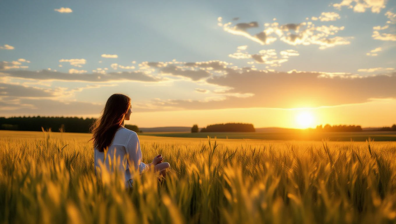 Szótlan ember az álomban – jelentések és értelmezések Egy nő meditál a naplementében, búzamező közepén ülve, csendes környezetben.