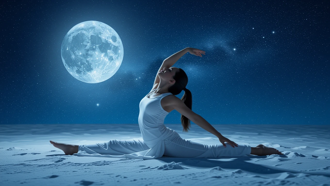 Nyújtás az álomban – jelentések és értelmezések Egy nő nyújtózik a holdfényben, a csillagos ég alatt, szimbolizálva a megújulást.
