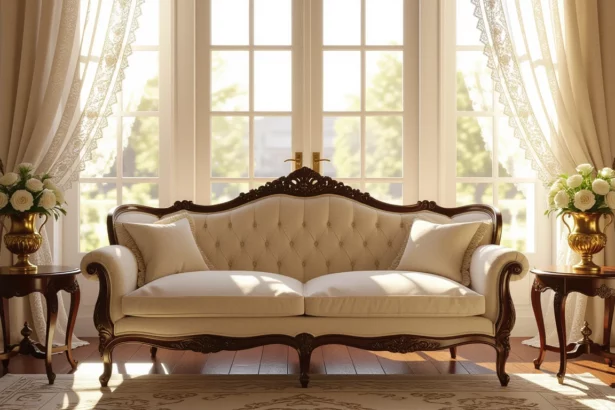 Elegáns pamlag egy világos, napfényes szobában, virágokkal díszítve.