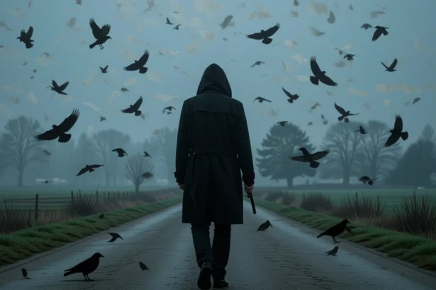 Egy sötét köpenyes figura sétál egy elhagyatott úton, körülötte fekete madarak repkednek.