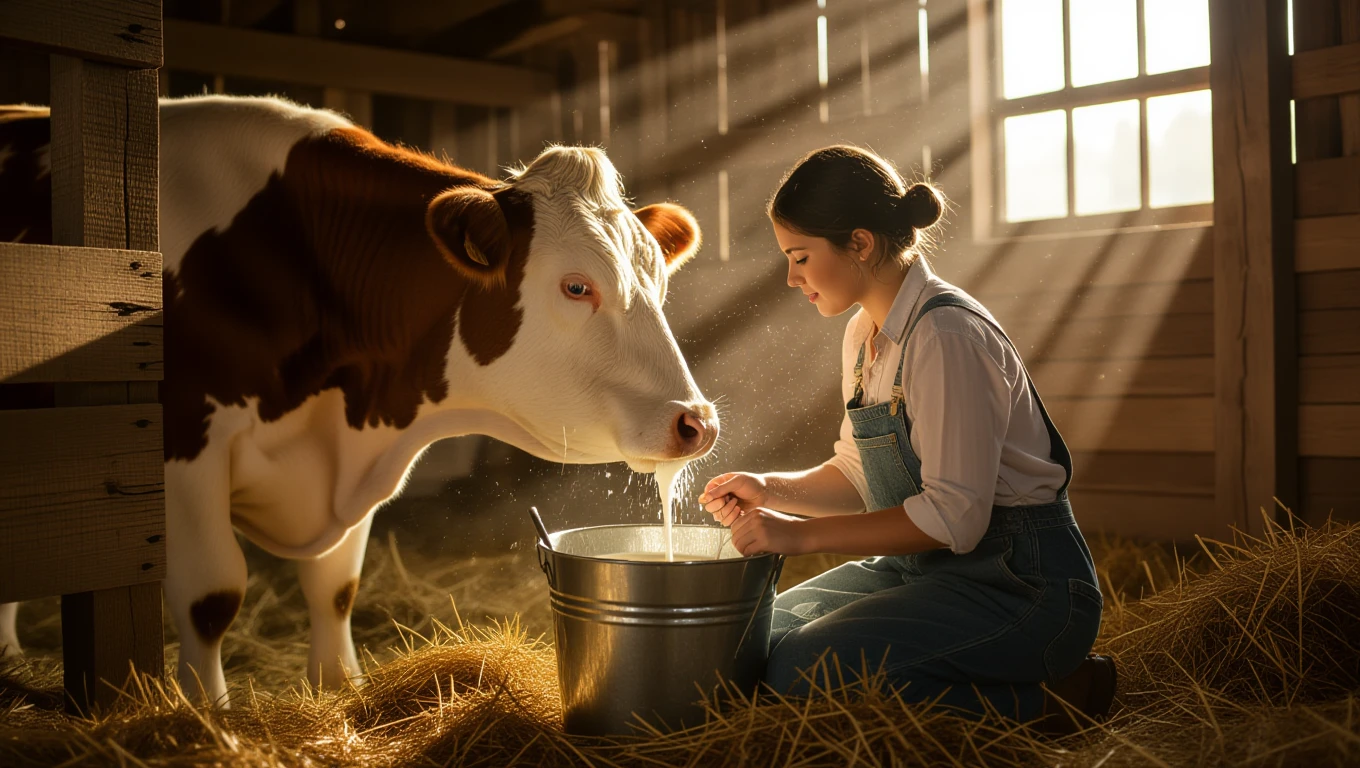 Fejésről álmodni – jelentések és értelmezések Egy fiatal nő fejést végez egy tehenet mellett, napfényben.