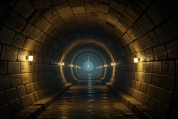 Sötét földalatti alagút, világító lámpákkal és távoli fényforrással.