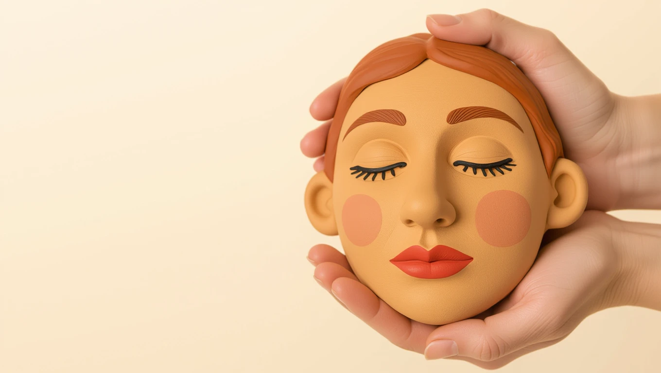 Gyurmával álmodni – jelentések és értelmezések Két kéz tart egy gyurmából készült, arckifejezést mutató maszkot.