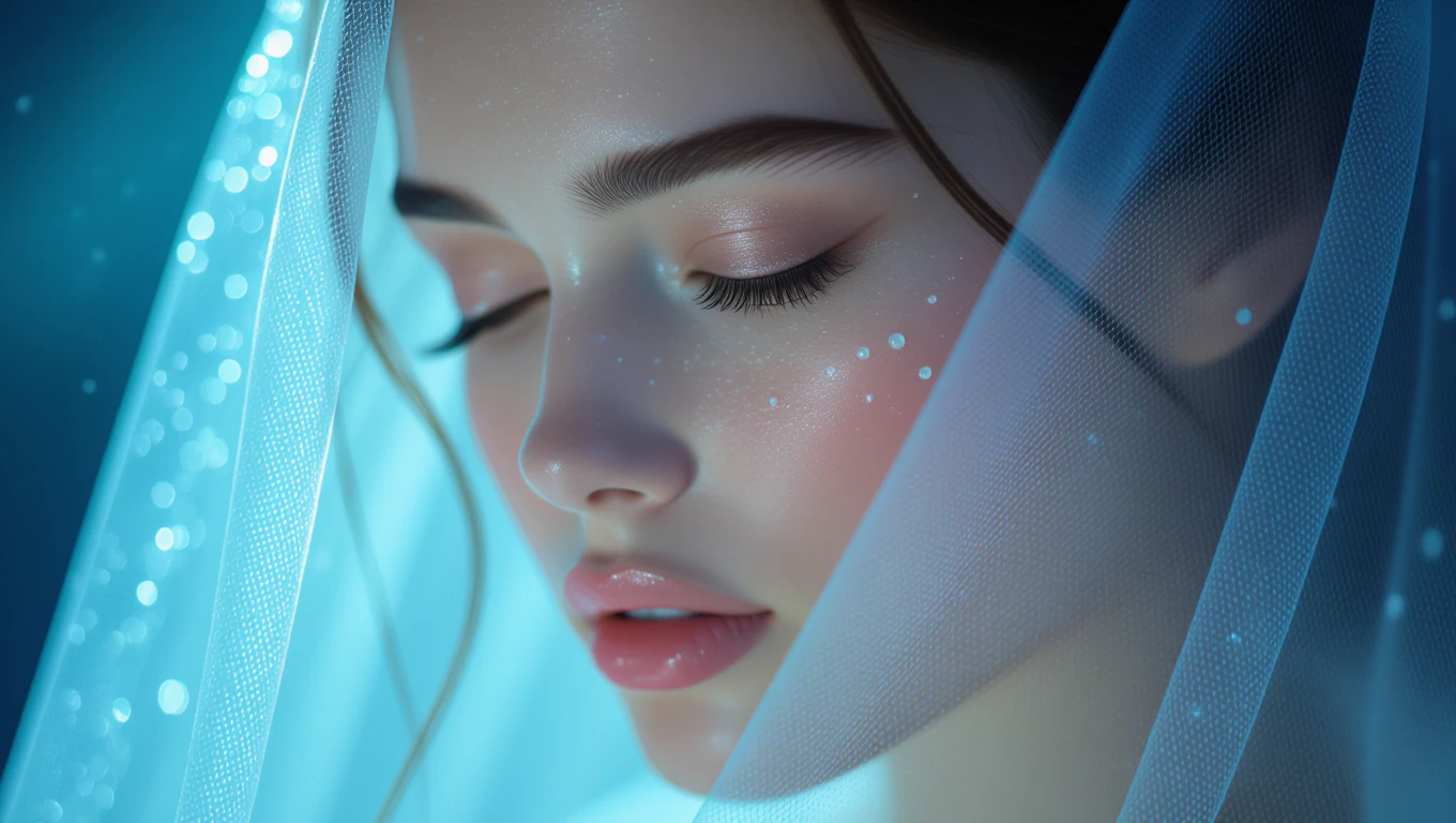 Mit jelent hártyával álmodni? – Részletes álomfejtés és értelmezés Egy fiatal nő arca, hártyával körülvéve, álomszerű fényekkel.