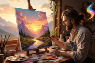 Mit jelent festéssel álmodni? - Online álomfejtés és értelmezés Egy festő alkot, gyönyörű tájat fest egy vászonra, színes festékekkel.