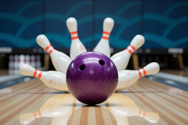 Egy lila kugli és néhány kidőlt bowlingpálca egy bowlingpályán.