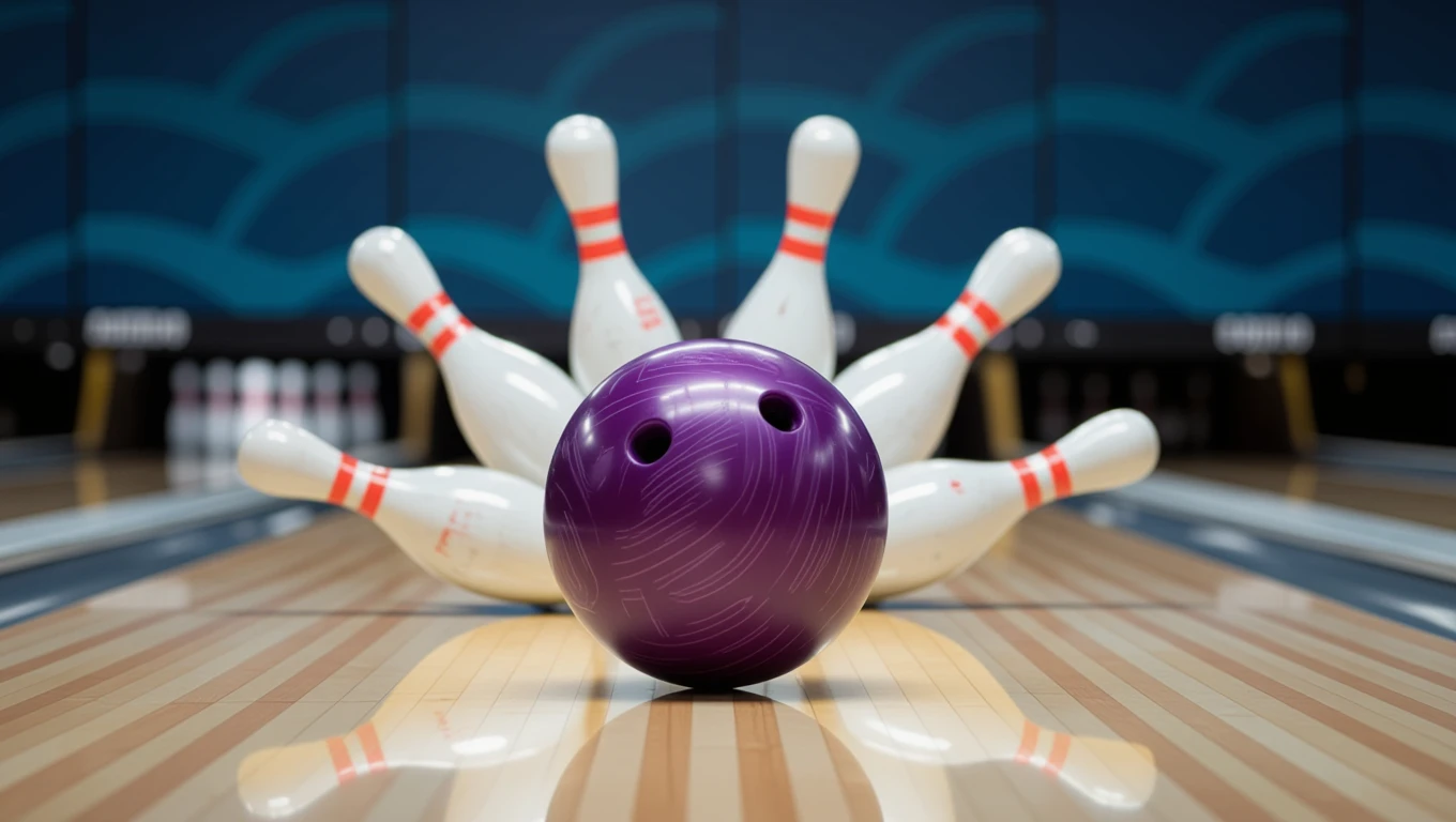 Kuglival álmodni – szimbolika és álomfejtés Egy lila kugli és néhány kidőlt bowlingpálca egy bowlingpályán.