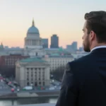 Egy férfi öltönyben, városi háttér előtt, a naplementét nézi.