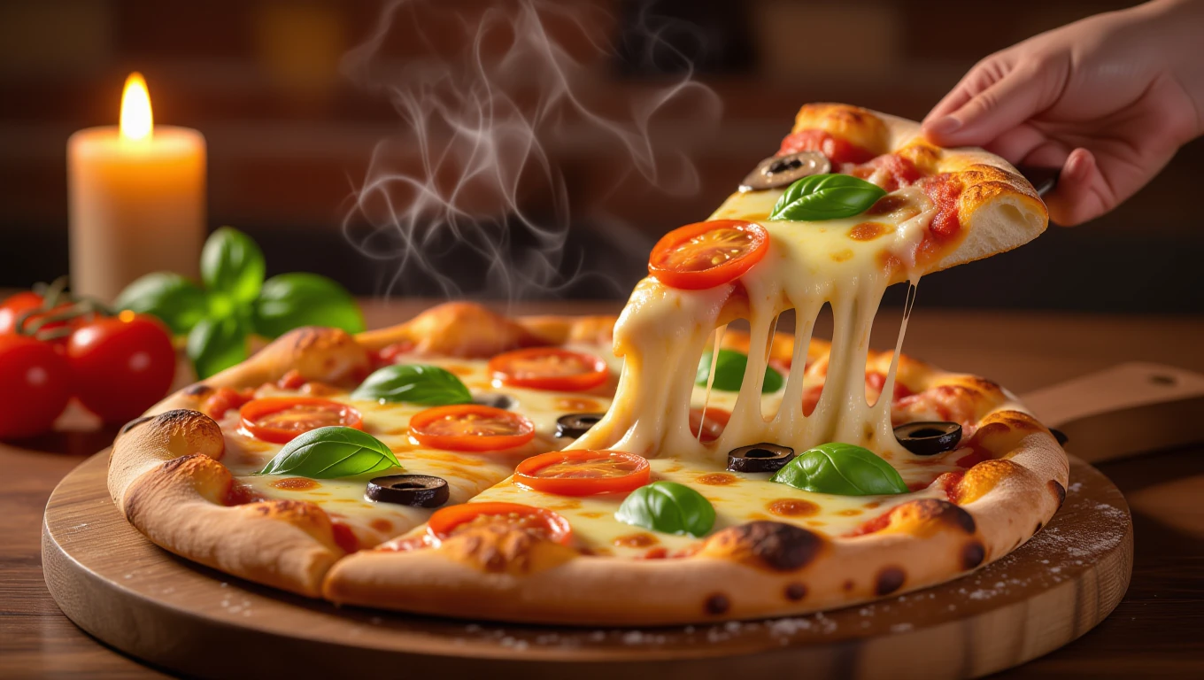 Mit jelent ételről álmodni? – Részletes álomfejtés és értelmezés Friss, gőzölgő pizza, gazdag feltétekkel, egy kéz emeli.