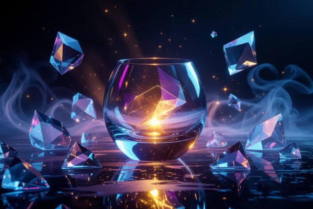 Egy üveg, amelyben gyönyörű, csillogó gyémántok tükröződnek.
