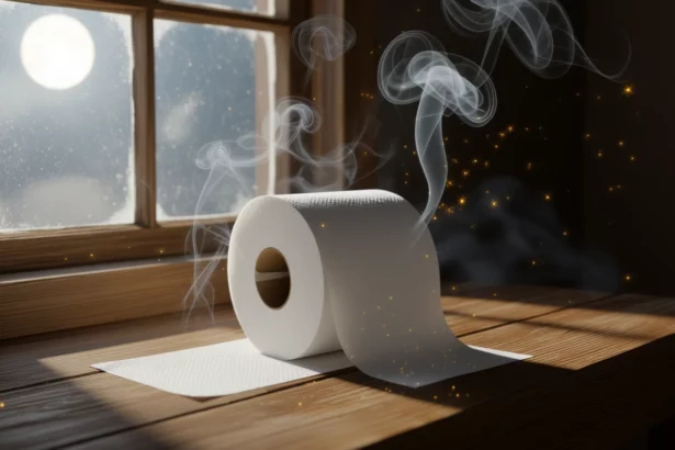 Egy tekercs WC papír fekszik egy asztalon, mögötte ablakon át szűrődik a fény.