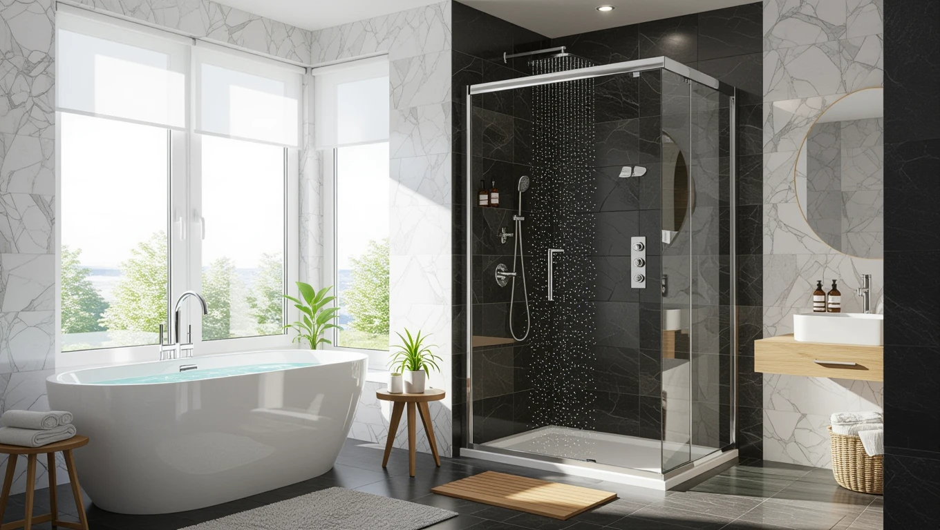 Zuhannyal álmodni – jelentések és értelmezések Modern zuhanyzó, üvegfalakkal és elegáns fürdőkáddal, természetes fényben.