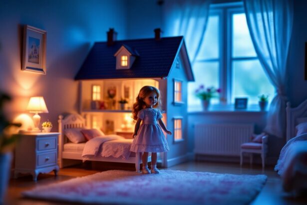 A babaházban egy kislány álmodozik, a szoba meleg fényei és a játékos környezet a gyermeki álmokat idézik.