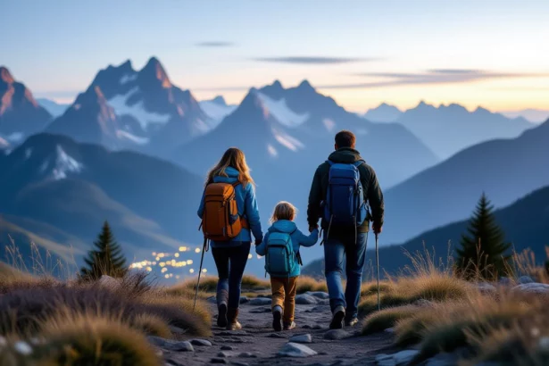 A családi túrázás a hegyekben az összetartozás és a közös élmények szimbóluma, ami a boldogságot és a kalandvágyat jelképezi.