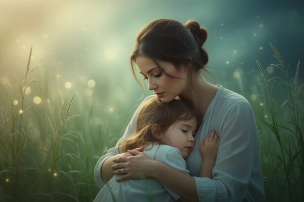 Egy anya öleli a gyermekét, ami az elvesztés fájdalmát és a szeretet mélységét szimbolizálja.
