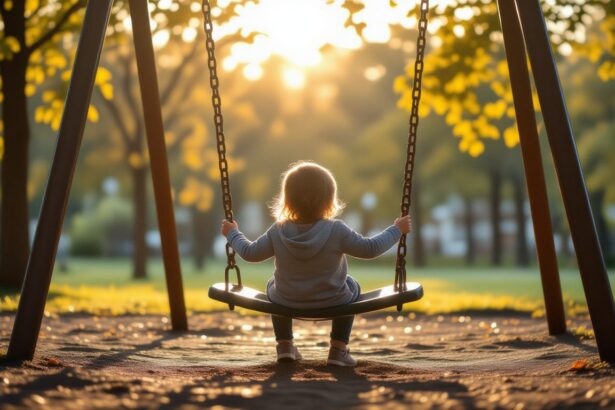 A hintán ülő gyermek a naplementében, a játék és álmok szimbóluma.