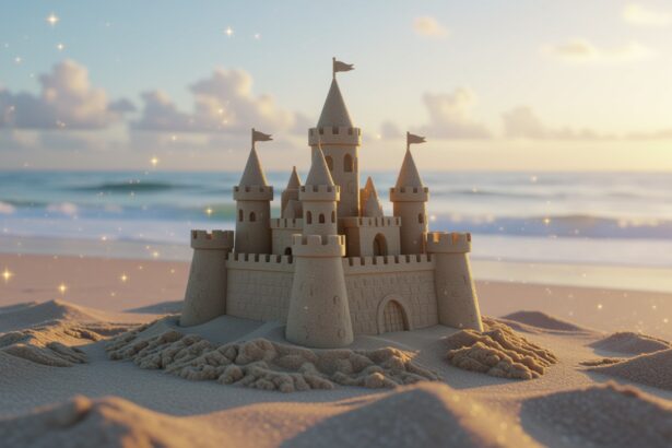 A homokvár a tengerparton az álmok és a kreativitás szimbóluma, amely a gyermeki örömöt idézi fel.