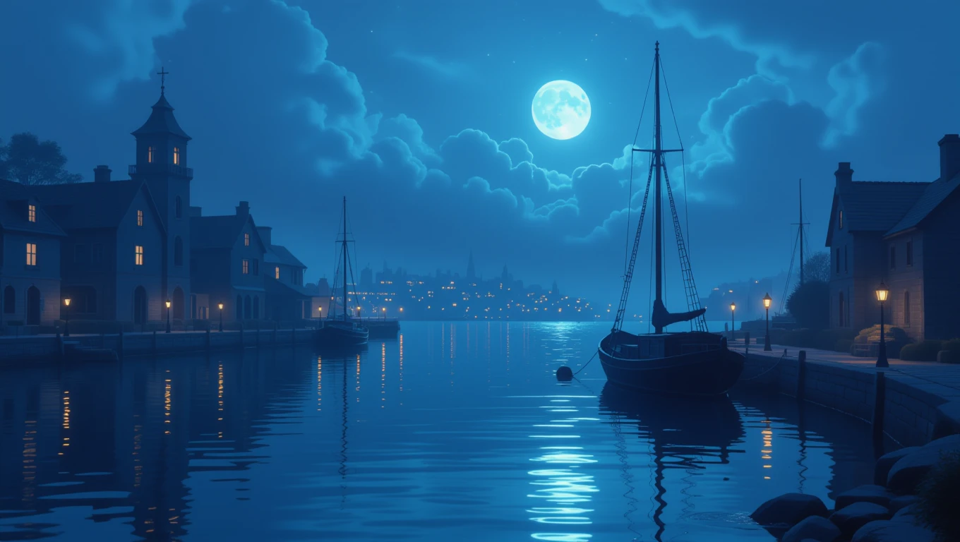 A holdfényben fürdő kikötő nyugodt vízfelülete álomfejtésre inspirál, a béke és a titokzatos vágyak szimbóluma.