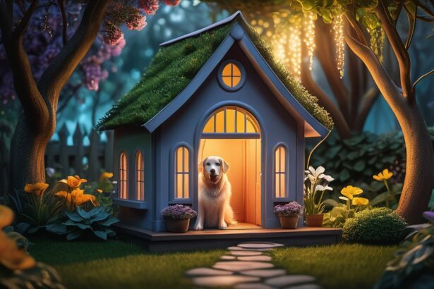 A kutyaház előtt ülő kutya álma a biztonságról és szeretetről, zöld környezetben.