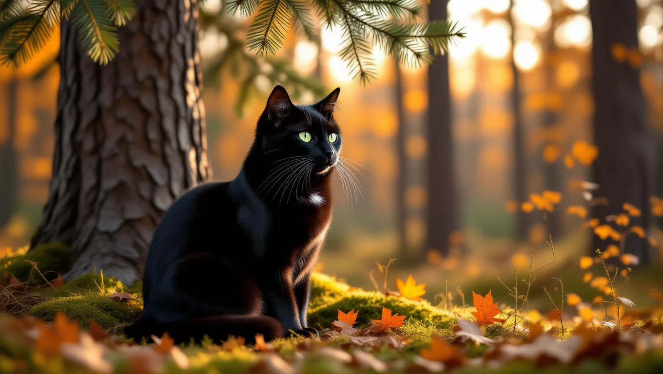 A fekete macska a varázslatos erdőben ül, ami álmainkban a titkokat és a rejtélyeket szimbolizálja.