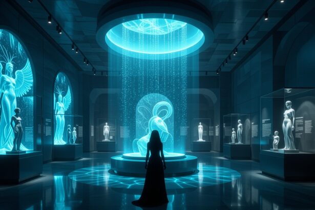 A múzeumban egy női alak áll a holografikus szobrok előtt, amelyek az álomvilágot idézik. Az élénk fények és formák a tudatalatti vágyakat tükrözik.