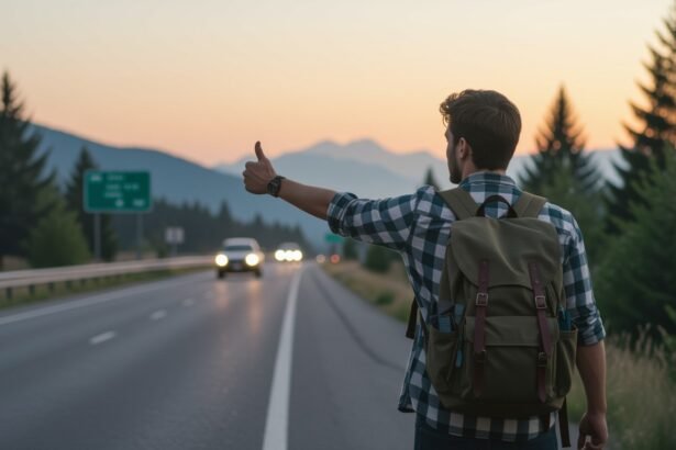 A stoppos fiatalember az úton áll, a naplemente fényei között új kalandokra várva.