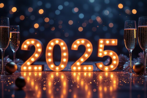 A 2025-ös év beköszöntét ünneplő szilveszteri buli hangulata, pezsgő és fények.
